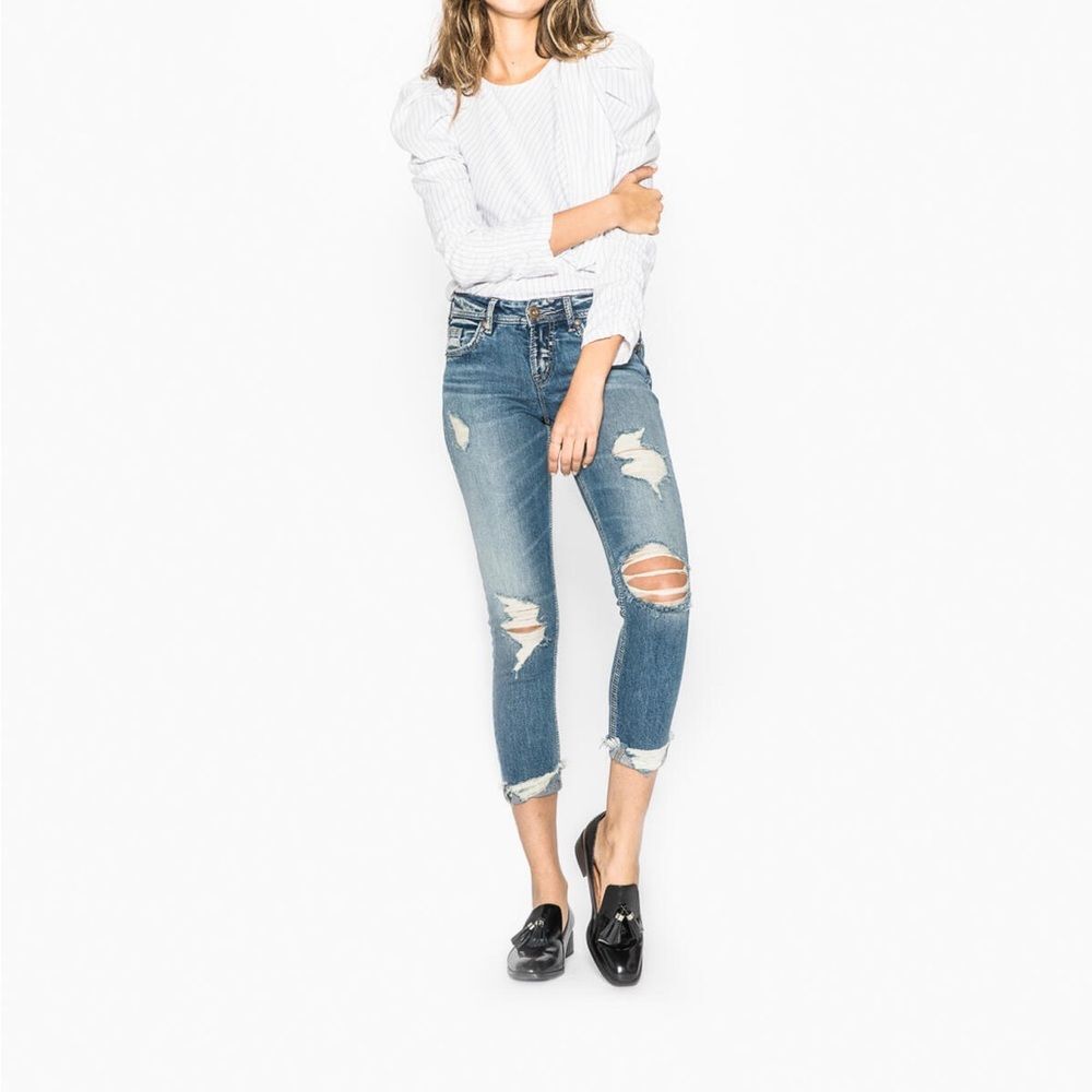 Silver SUKI Skinny Crop Distressed Denim Jeans Size W29/L25 Frayed Hem Indigo